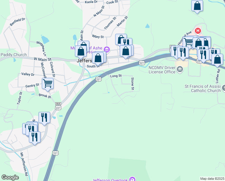 map of restaurants, bars, coffee shops, grocery stores, and more near 350 Academy Street in Jefferson