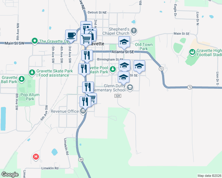 map of restaurants, bars, coffee shops, grocery stores, and more near 403 El Paso Street Southeast in Gravette