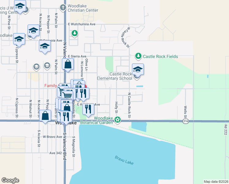 map of restaurants, bars, coffee shops, grocery stores, and more near 270 North Manzanillo Street in Woodlake