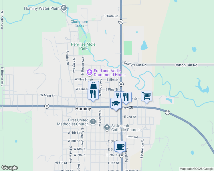 map of restaurants, bars, coffee shops, grocery stores, and more near 201 North Pettit Avenue in Hominy