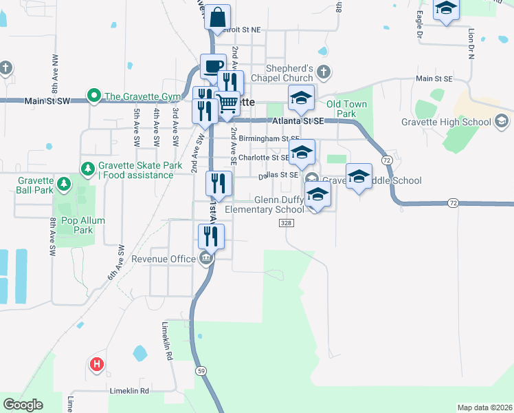 map of restaurants, bars, coffee shops, grocery stores, and more near 303 El Paso Street Southwest in Gravette