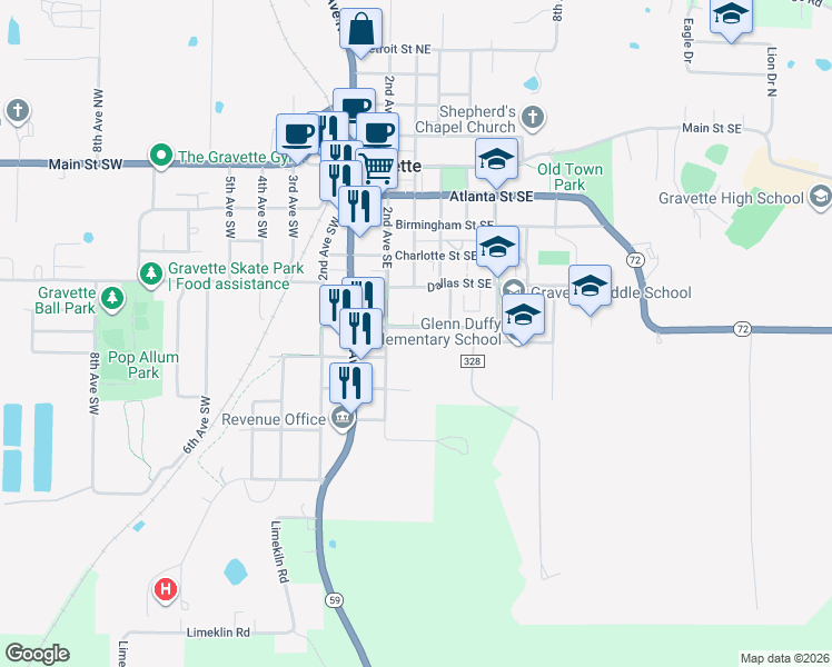 map of restaurants, bars, coffee shops, grocery stores, and more near 303 El Paso Street Southwest in Gravette