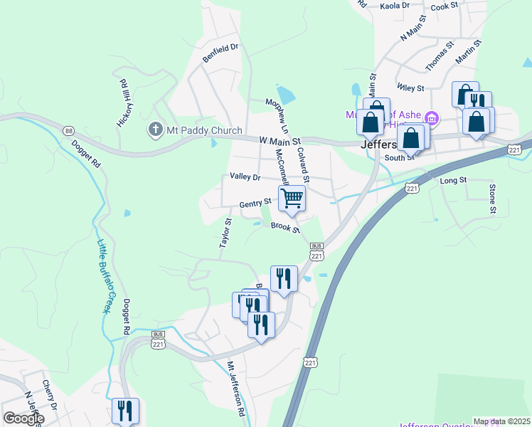 map of restaurants, bars, coffee shops, grocery stores, and more near 127 Gentry Street in Jefferson