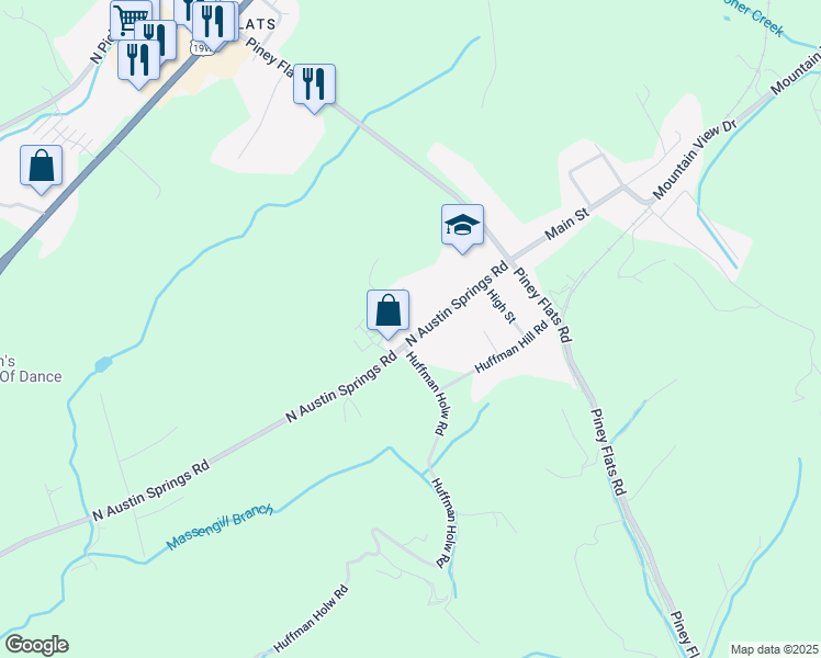 map of restaurants, bars, coffee shops, grocery stores, and more near 310 North Austin Springs Road in Piney Flats