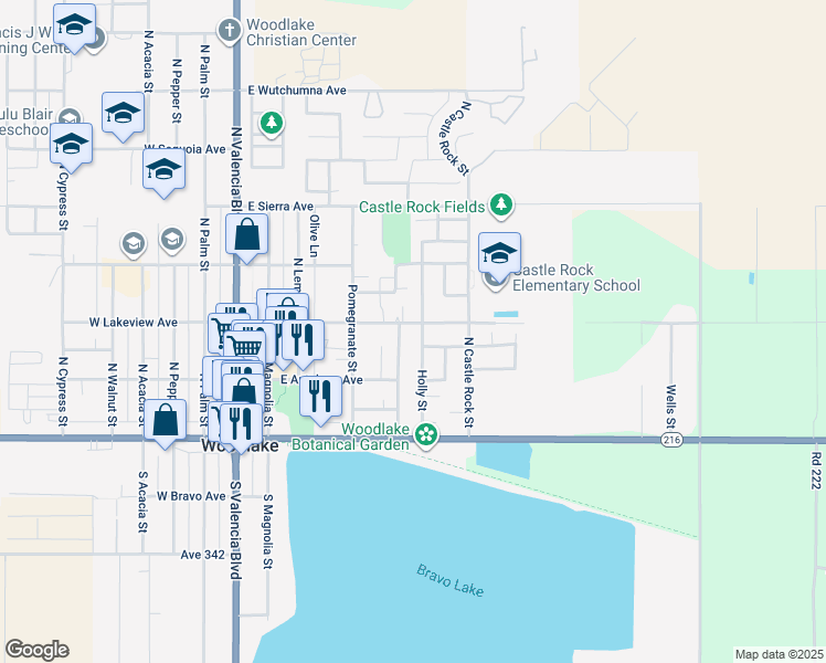 map of restaurants, bars, coffee shops, grocery stores, and more near 270 North Manzanillo Street in Woodlake