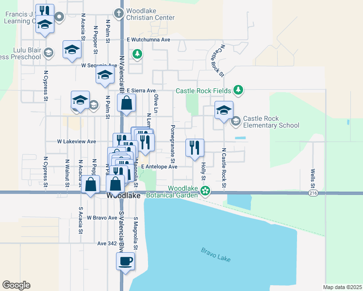 map of restaurants, bars, coffee shops, grocery stores, and more near 256 Pomegranate Street in Woodlake