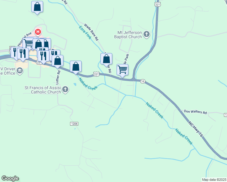 map of restaurants, bars, coffee shops, grocery stores, and more near 527 Glenn Bare Road in Jefferson