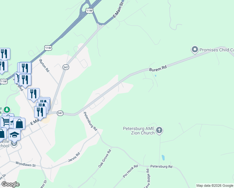 map of restaurants, bars, coffee shops, grocery stores, and more near 276 Burem Road in Rogersville