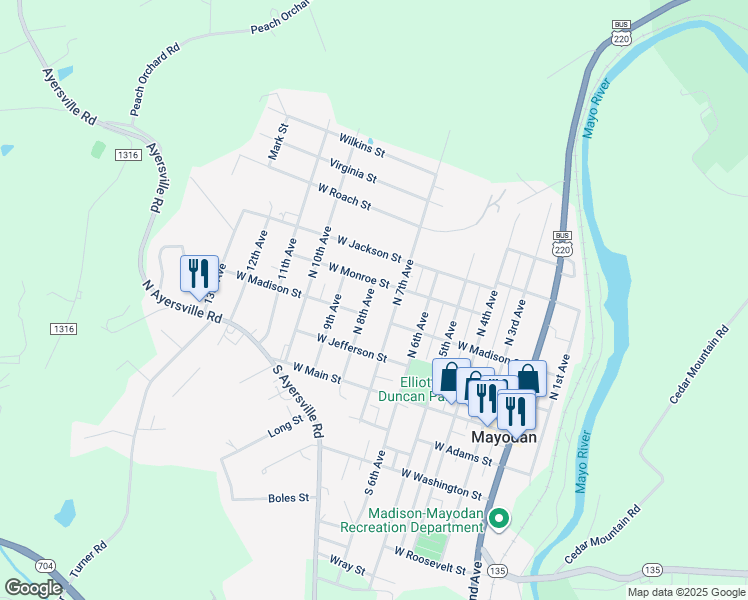 map of restaurants, bars, coffee shops, grocery stores, and more near 305 North 8th Avenue in Mayodan