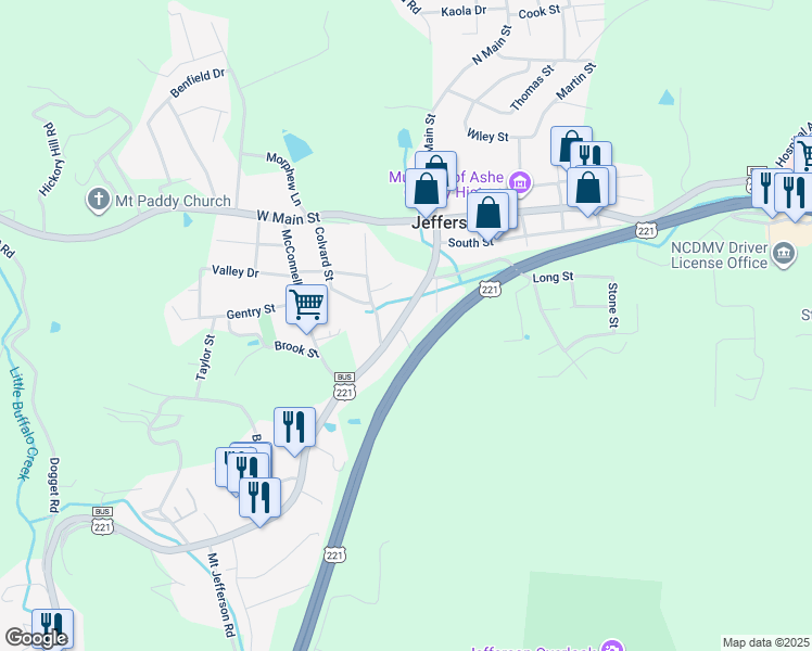 map of restaurants, bars, coffee shops, grocery stores, and more near 355 South Main Street in Jefferson