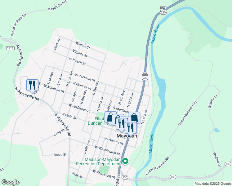 map of restaurants, bars, coffee shops, grocery stores, and more near 404 North 4th Avenue in Mayodan