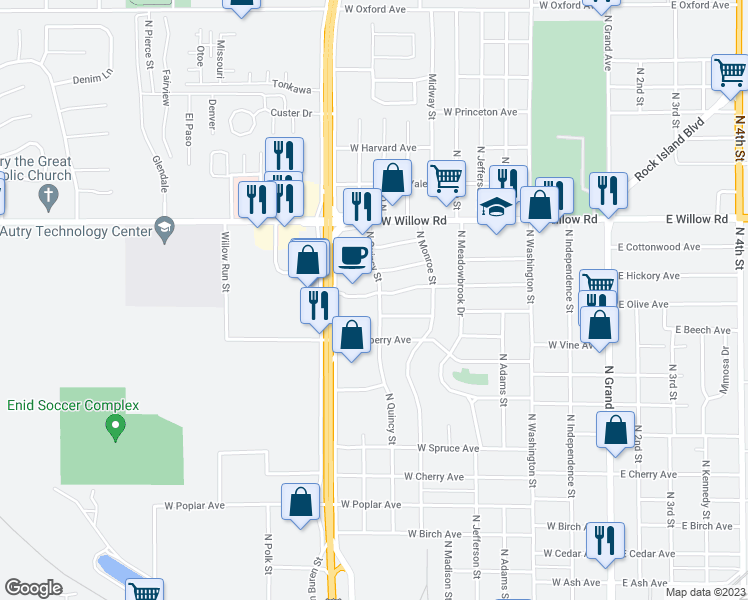 map of restaurants, bars, coffee shops, grocery stores, and more near 1910 North Quincy Street in Enid