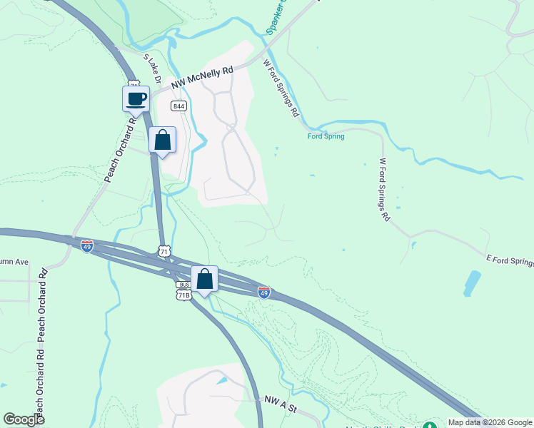 map of restaurants, bars, coffee shops, grocery stores, and more near 3408 Northwest Riverbend Road in Bentonville