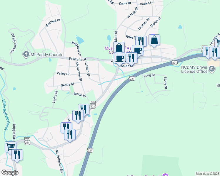 map of restaurants, bars, coffee shops, grocery stores, and more near 355 South Main Street in Jefferson