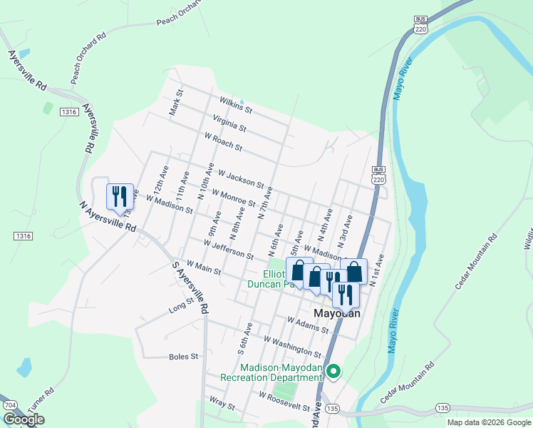 map of restaurants, bars, coffee shops, grocery stores, and more near 311 North 7th Avenue in Mayodan