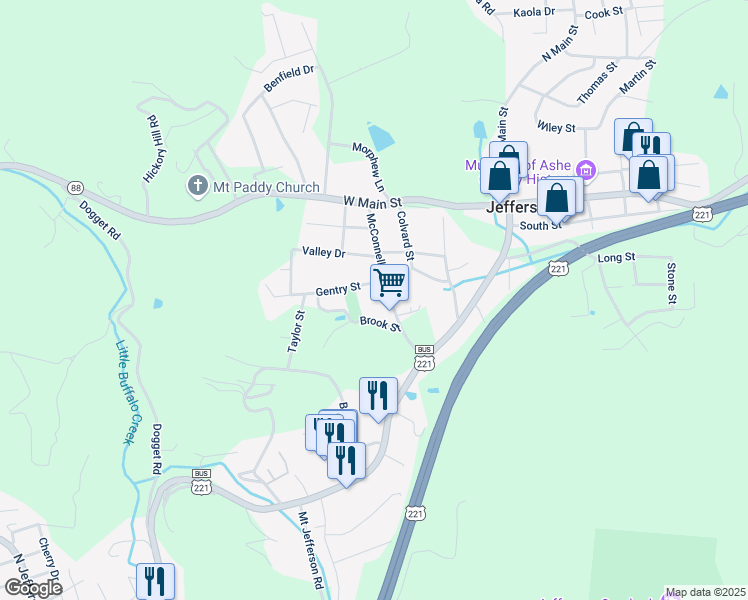 map of restaurants, bars, coffee shops, grocery stores, and more near 225 Brook Street in Jefferson