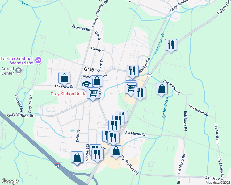 map of restaurants, bars, coffee shops, grocery stores, and more near 132 Maple Court in Gray