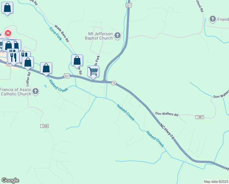 map of restaurants, bars, coffee shops, grocery stores, and more near 214 North Carolina 16 in Jefferson