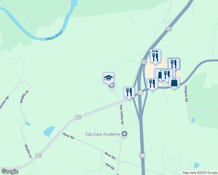 map of restaurants, bars, coffee shops, grocery stores, and more near 6845 North Carolina 135 in Mayodan
