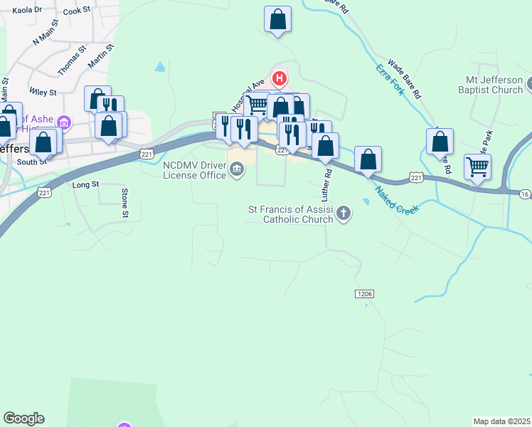 map of restaurants, bars, coffee shops, grocery stores, and more near 206 Laurel Lane in Jefferson