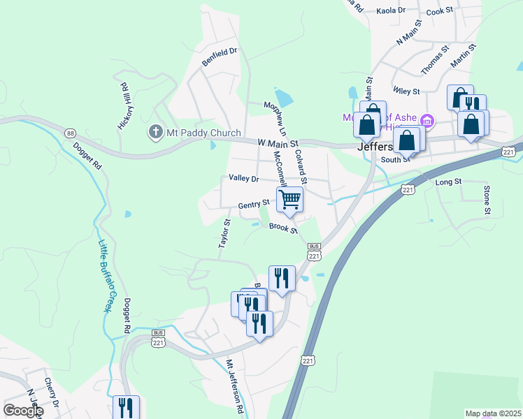 map of restaurants, bars, coffee shops, grocery stores, and more near 127 Gentry Street in Jefferson