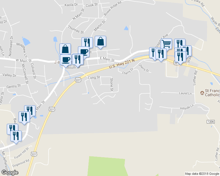 map of restaurants, bars, coffee shops, grocery stores, and more near 220 Stone Street in Jefferson