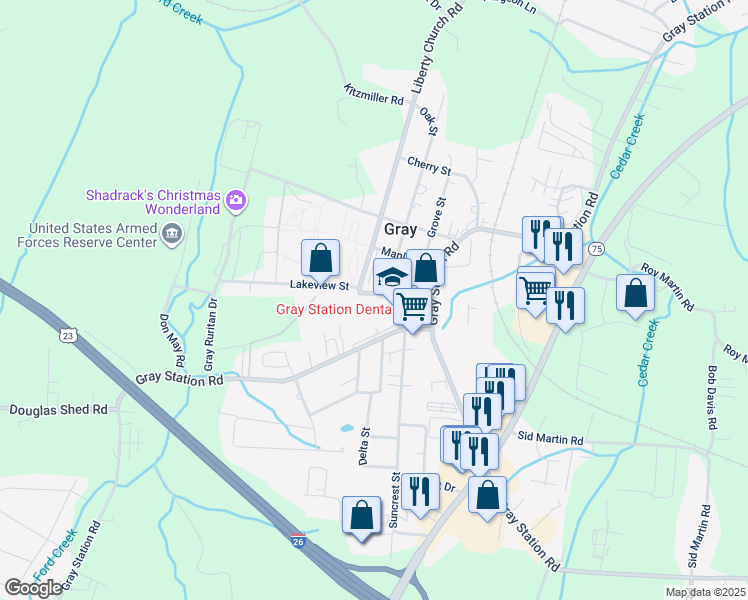 map of restaurants, bars, coffee shops, grocery stores, and more near 755 Gray Station Road in Gray