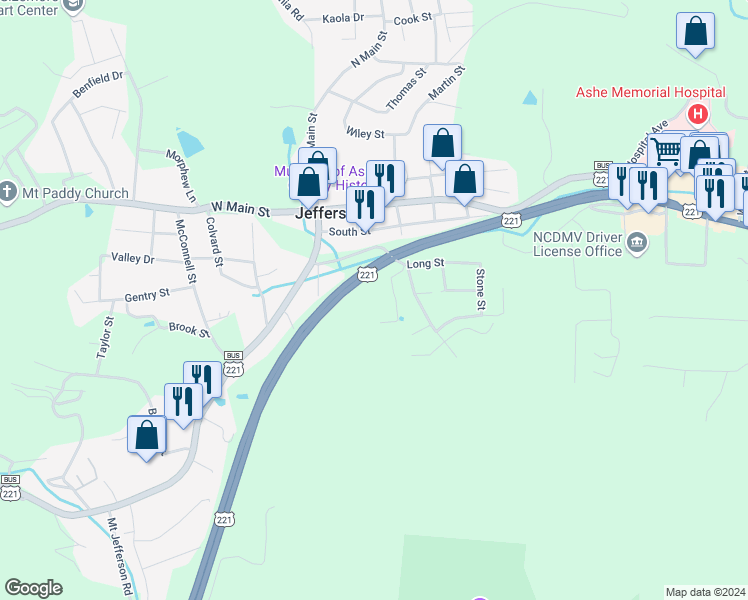 map of restaurants, bars, coffee shops, grocery stores, and more near 121 Willowbend Lane in Jefferson