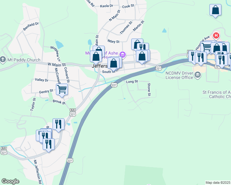map of restaurants, bars, coffee shops, grocery stores, and more near 121 Willowbend Lane in Jefferson