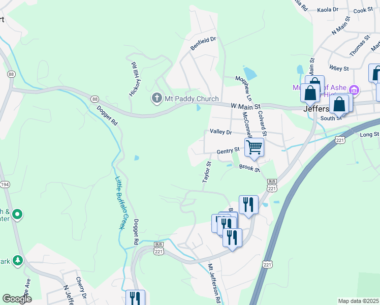 map of restaurants, bars, coffee shops, grocery stores, and more near 349 Gentry Street in Jefferson
