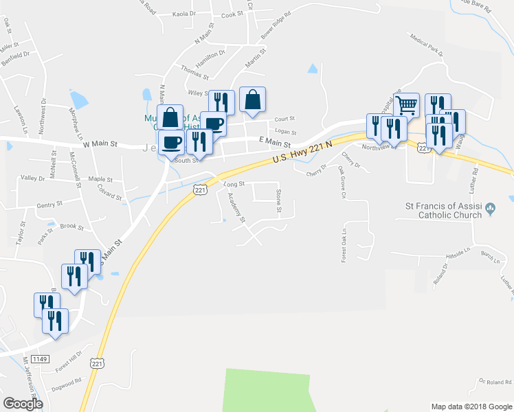 map of restaurants, bars, coffee shops, grocery stores, and more near 202 Stanley Street in Jefferson
