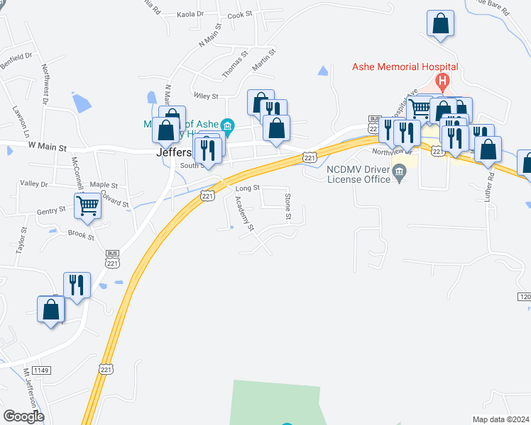 map of restaurants, bars, coffee shops, grocery stores, and more near 202 Stanley Street in Jefferson