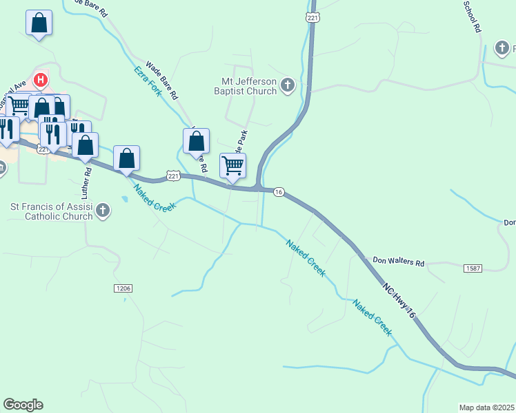map of restaurants, bars, coffee shops, grocery stores, and more near Vannoy Construction Road in Jefferson
