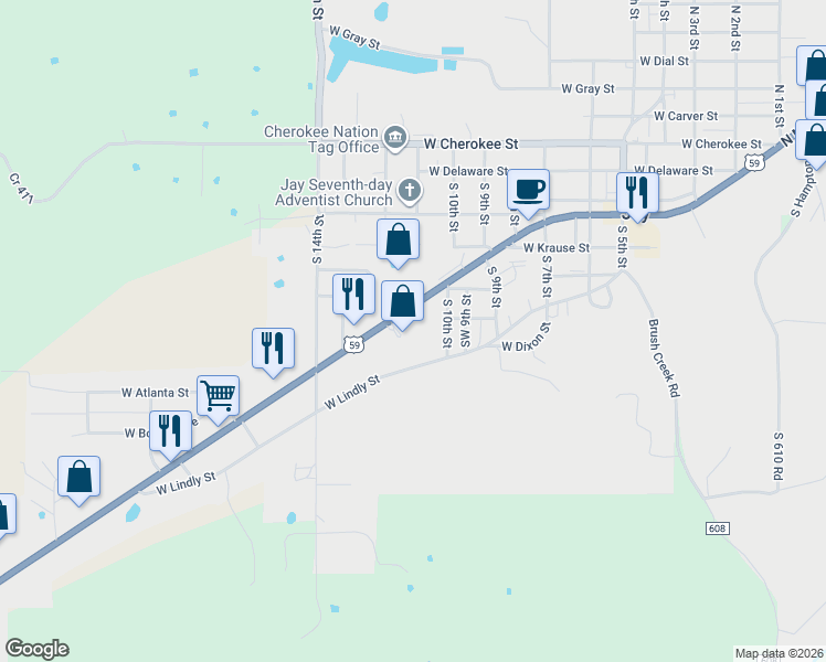 map of restaurants, bars, coffee shops, grocery stores, and more near 1075 West Lindly Street in Jay