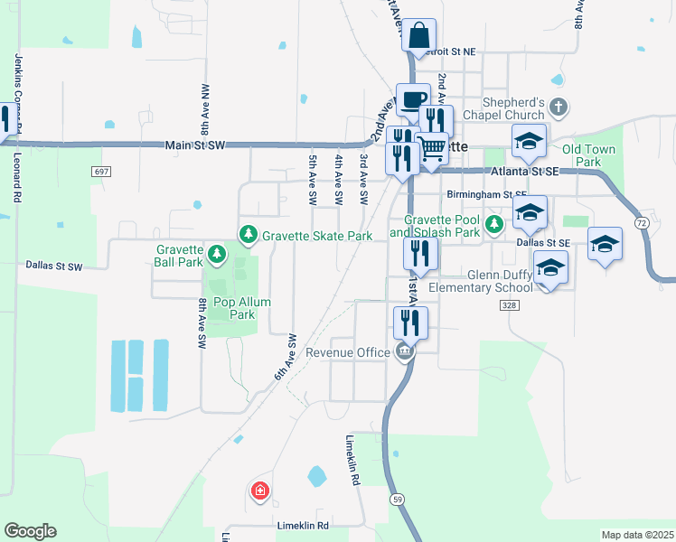 map of restaurants, bars, coffee shops, grocery stores, and more near 4th Avenue Southwest in Gravette