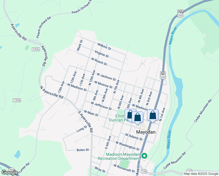 map of restaurants, bars, coffee shops, grocery stores, and more near 305 North 8th Avenue in Mayodan