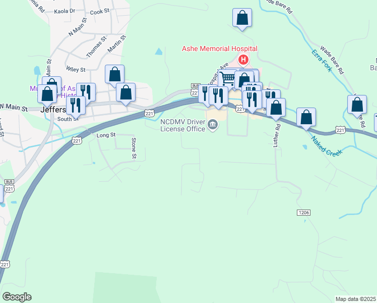 map of restaurants, bars, coffee shops, grocery stores, and more near 206 Oak Grove Circle in Jefferson