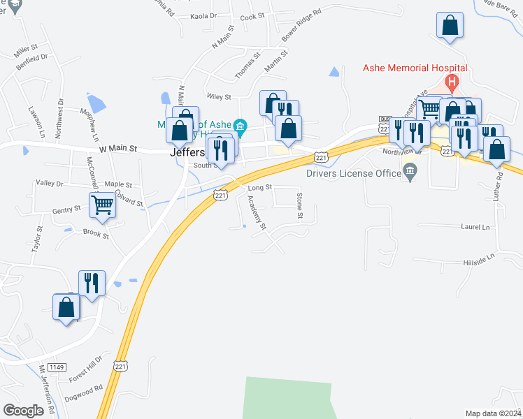 map of restaurants, bars, coffee shops, grocery stores, and more near 350 Academy Street in Jefferson