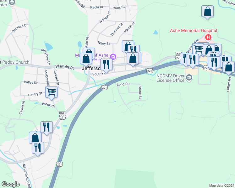 map of restaurants, bars, coffee shops, grocery stores, and more near 330 Academy Street in Jefferson