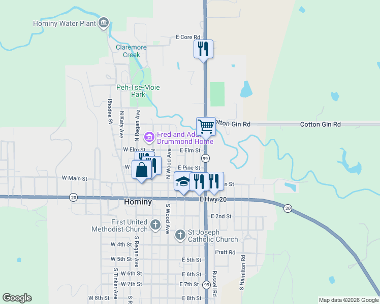 map of restaurants, bars, coffee shops, grocery stores, and more near 201 North Pettit Avenue in Hominy
