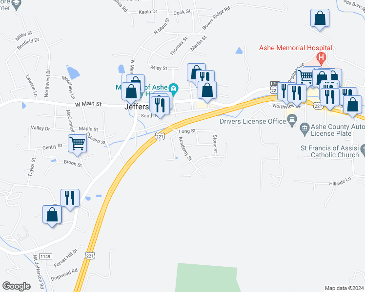 map of restaurants, bars, coffee shops, grocery stores, and more near Academy Street in Jefferson