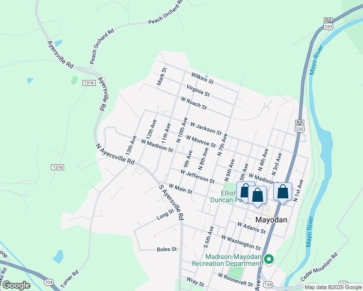 map of restaurants, bars, coffee shops, grocery stores, and more near 207 North 10th Avenue in Mayodan
