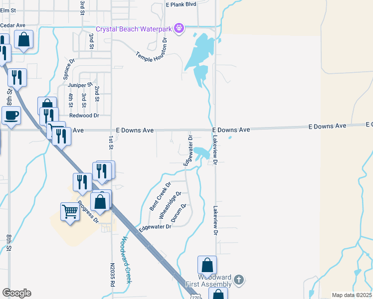 map of restaurants, bars, coffee shops, grocery stores, and more near 429 East Downs Avenue in Woodward