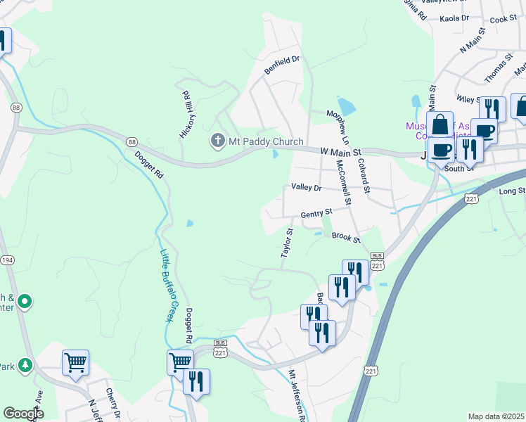 map of restaurants, bars, coffee shops, grocery stores, and more near 367 Gentry Street in Jefferson