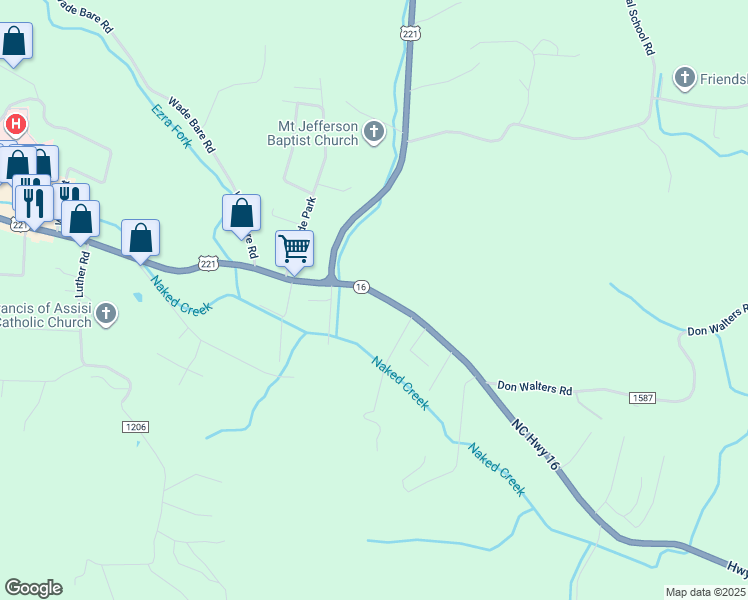 map of restaurants, bars, coffee shops, grocery stores, and more near 214 North Carolina 16 in Jefferson