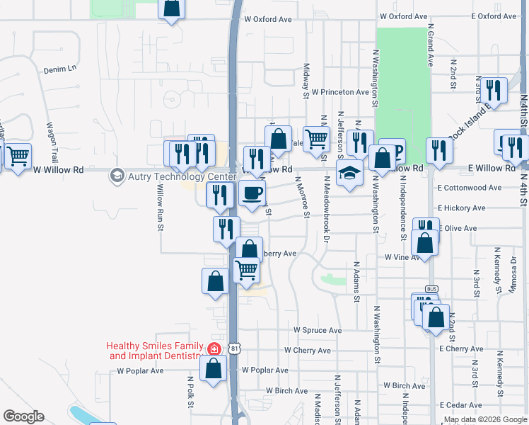 map of restaurants, bars, coffee shops, grocery stores, and more near 2210 North Quincy Street in Enid