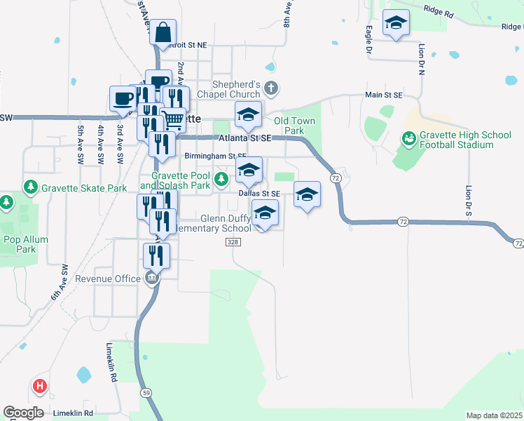 map of restaurants, bars, coffee shops, grocery stores, and more near 607 Dallas Street Southeast in Gravette