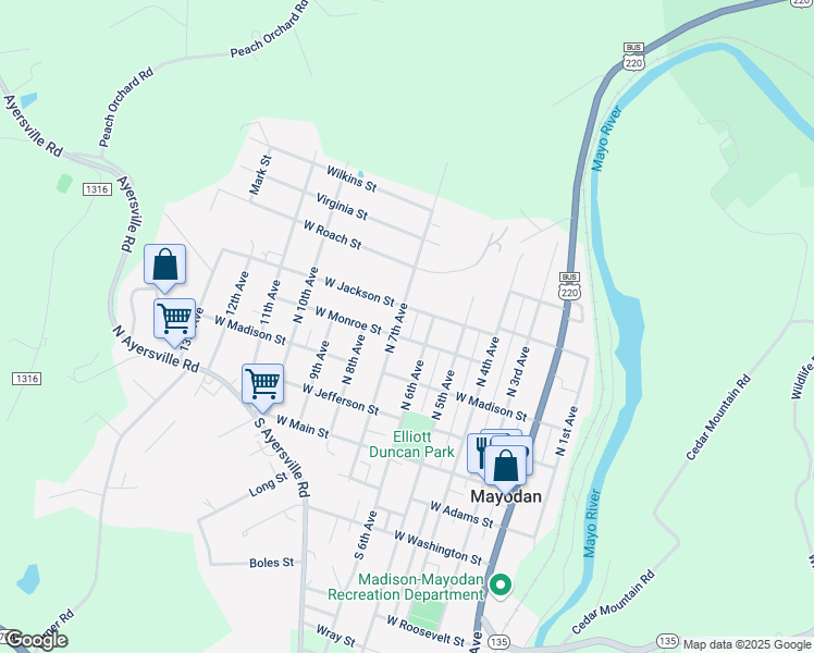 map of restaurants, bars, coffee shops, grocery stores, and more near 509 West Jackson Street in Mayodan