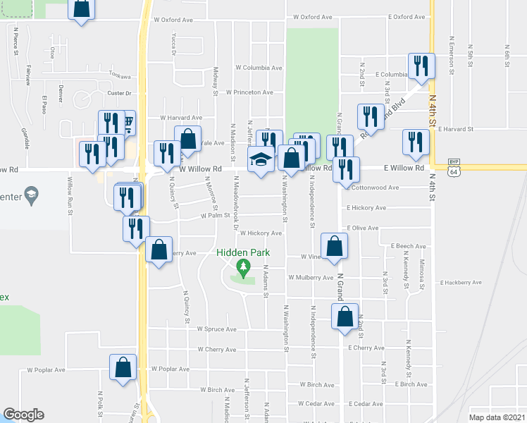 map of restaurants, bars, coffee shops, grocery stores, and more near 402 West Palm Street in Enid