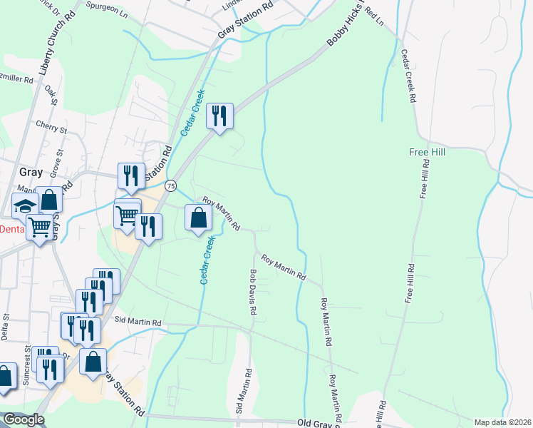 map of restaurants, bars, coffee shops, grocery stores, and more near 308 Roy Martin Road in Gray